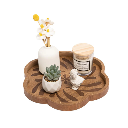 GenMous Scalloped Edge Decorative Tray For Coffee Table Decor Engraved Wooden Round Serving Tray For Kitchen Vintage Centerpiece Candle Holder Tray Farmhouse Ottoman Tray for Living Room Home Decor